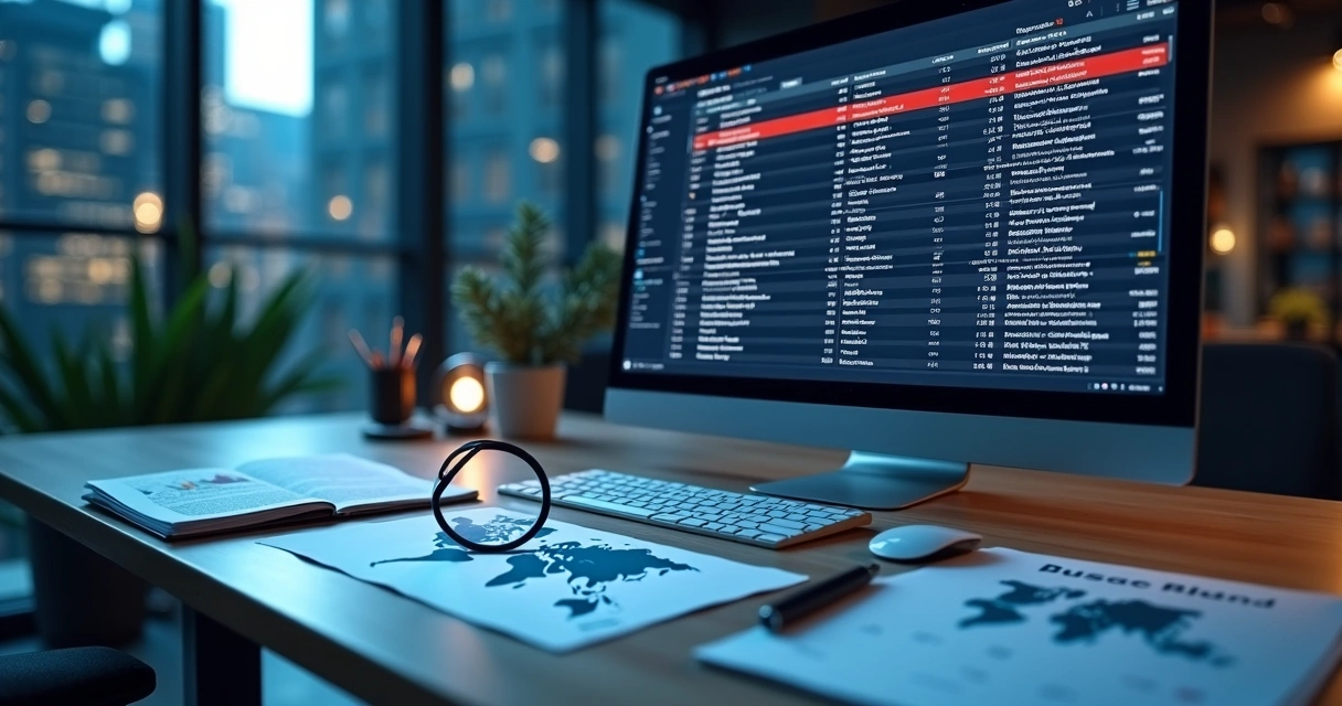Computador mostrando dados da lista de sanções do Reino Unido com gráficos financeiros e documentos oficiais ao redor 