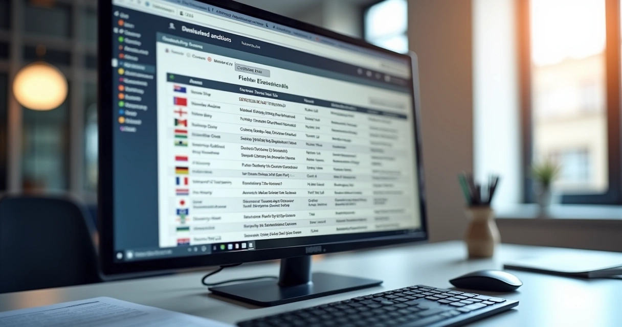 Tela de computador exibindo lista de sanções do Reino Unido com destaque para nomes e detalhes de entidades sancionadas 