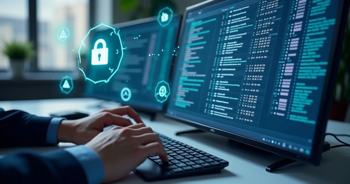Mãos digitando em teclado com tela mostrando lista de sanções do Reino Unido e gráficos de compliance ao fundo