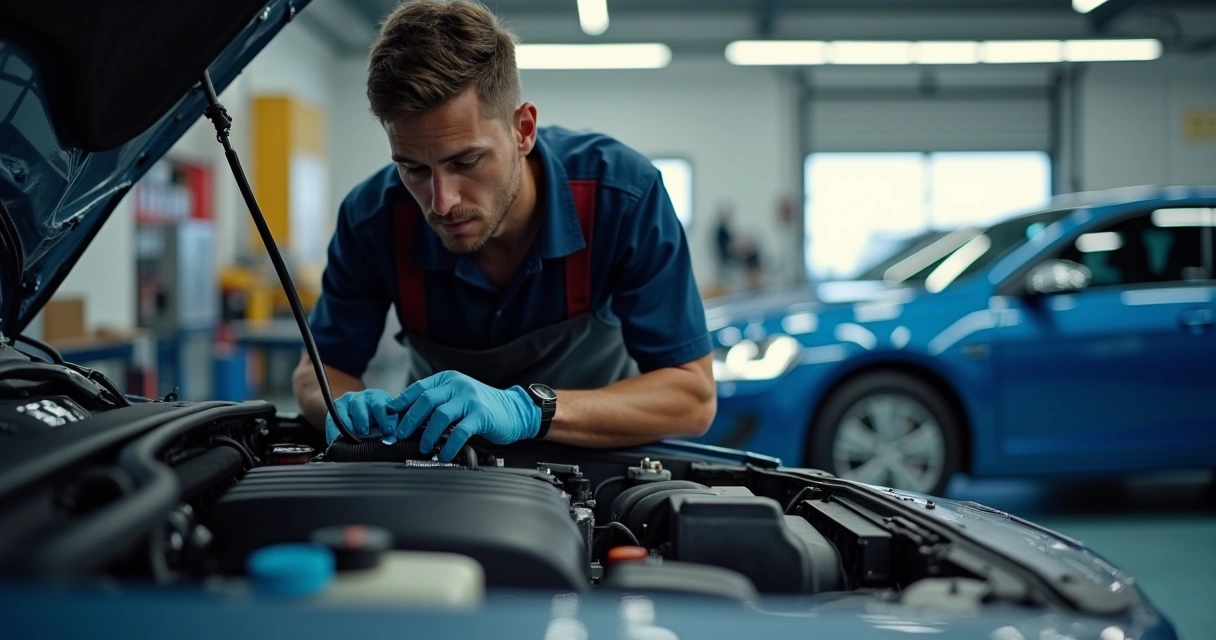Mecânico avaliando mangueira do motor em oficina 