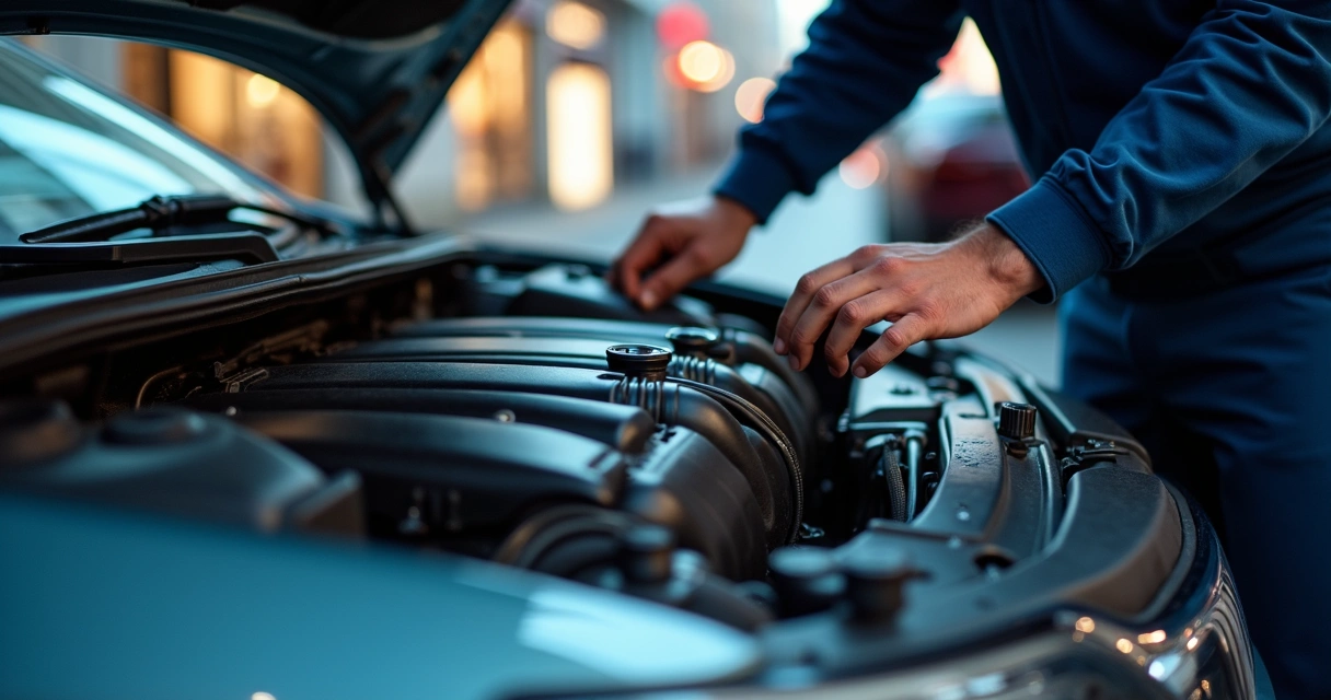 Mecânico verificando motor em ambiente urbano