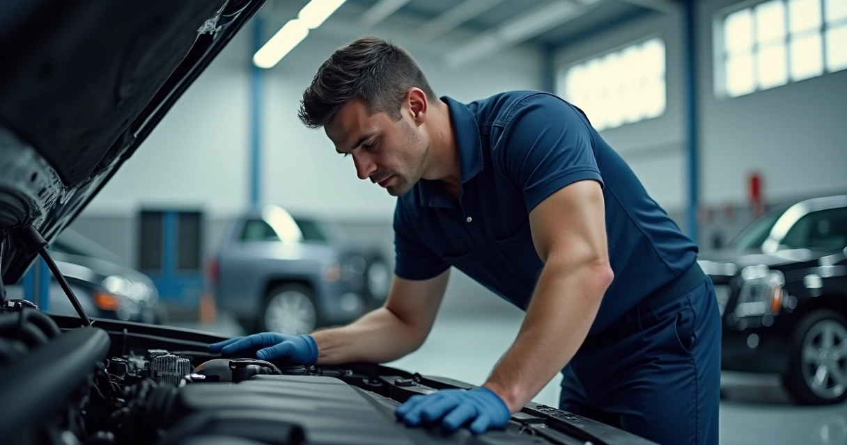 Mecânico inspecionando o motor de um carro em uma oficina light moderna. 
