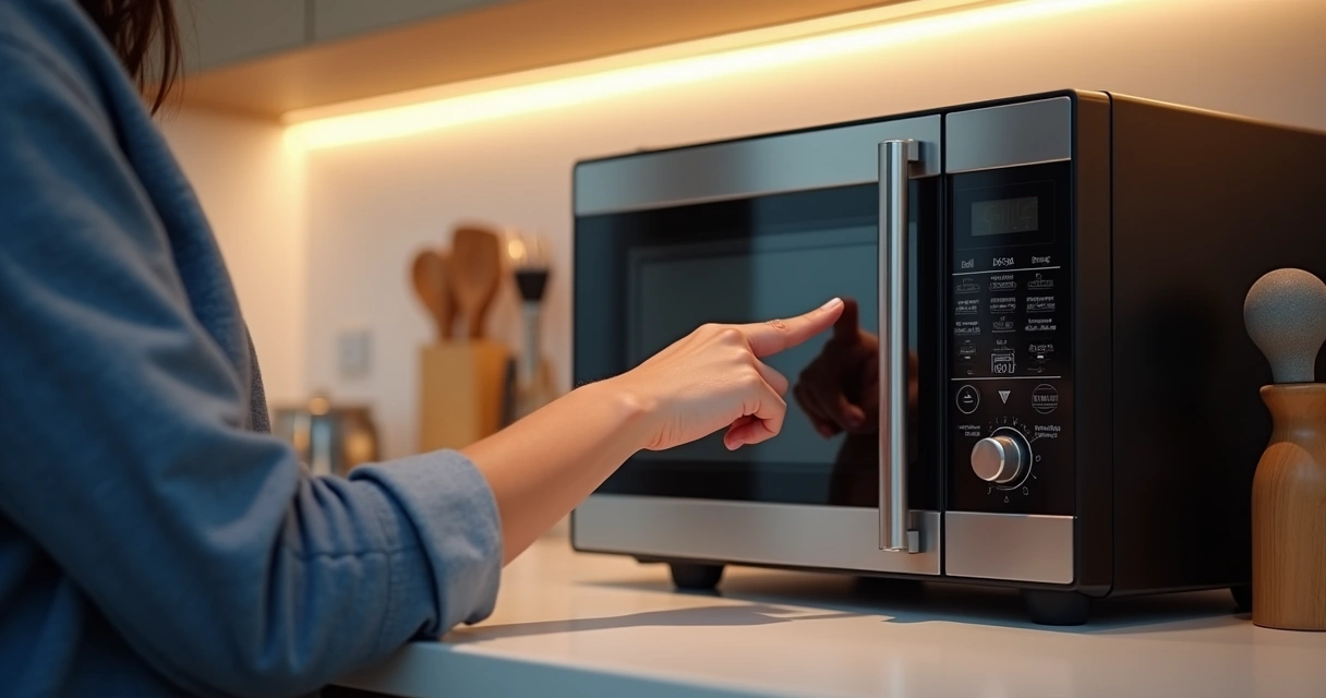 Pessoa verificando o painel de um micro-ondas 