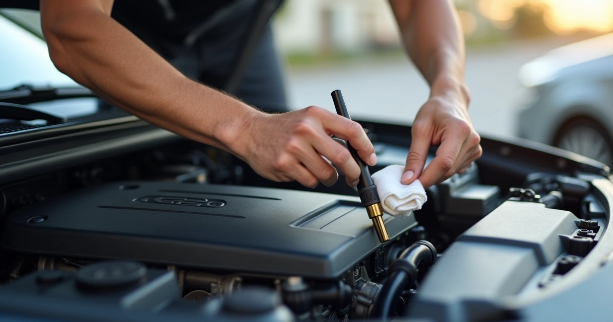 Pessoa verificando nível do óleo do motor com a vareta de metal 