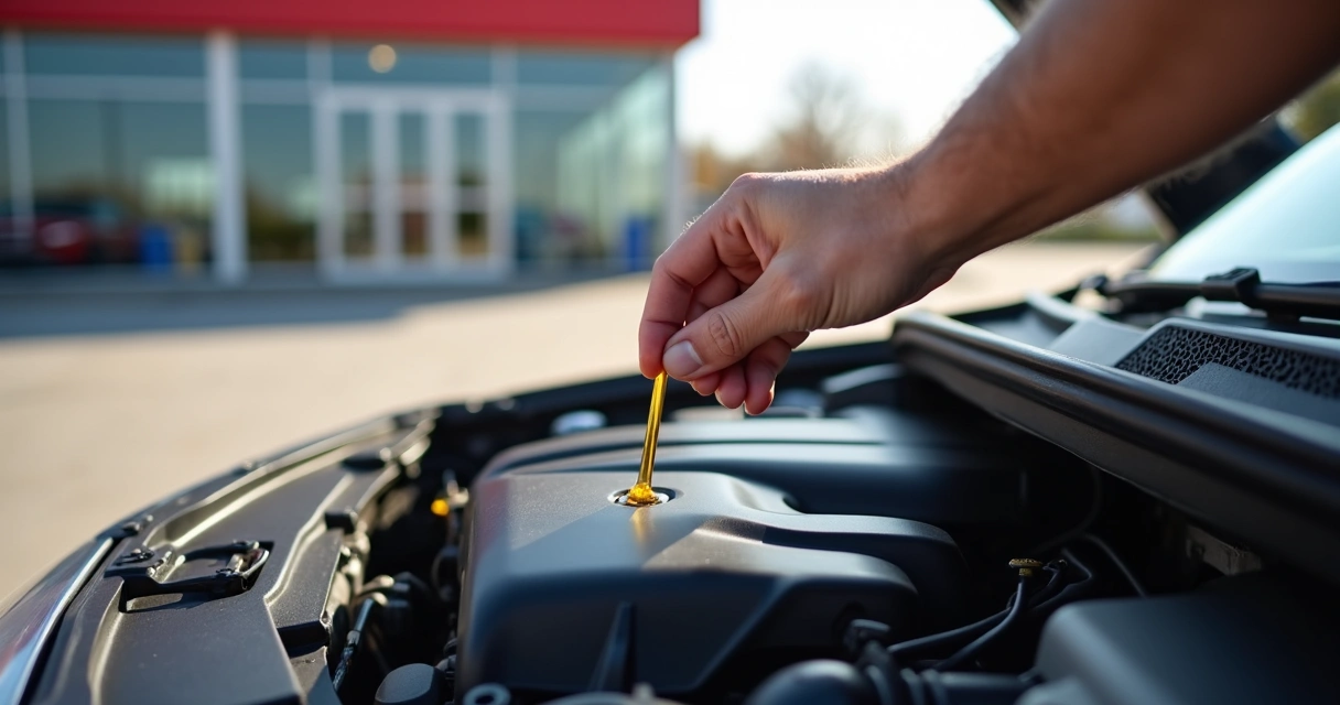 Pessoa verifica nível de óleo do motor em carro estacionado 