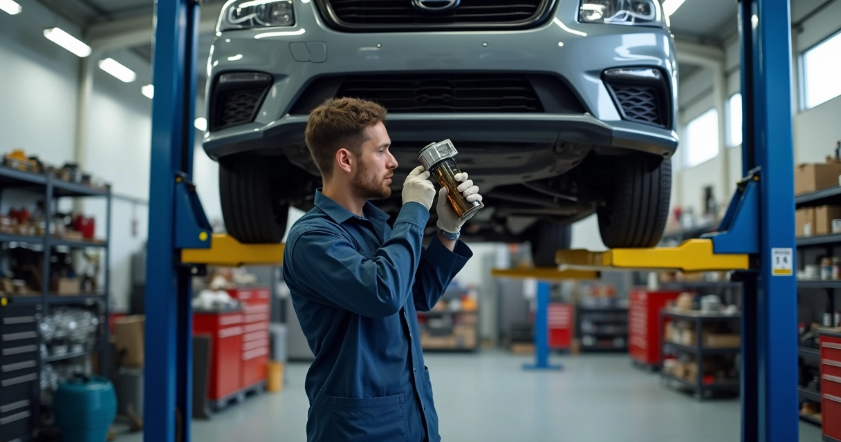 Mecânico verificando nível de óleo da caixa de câmbio 