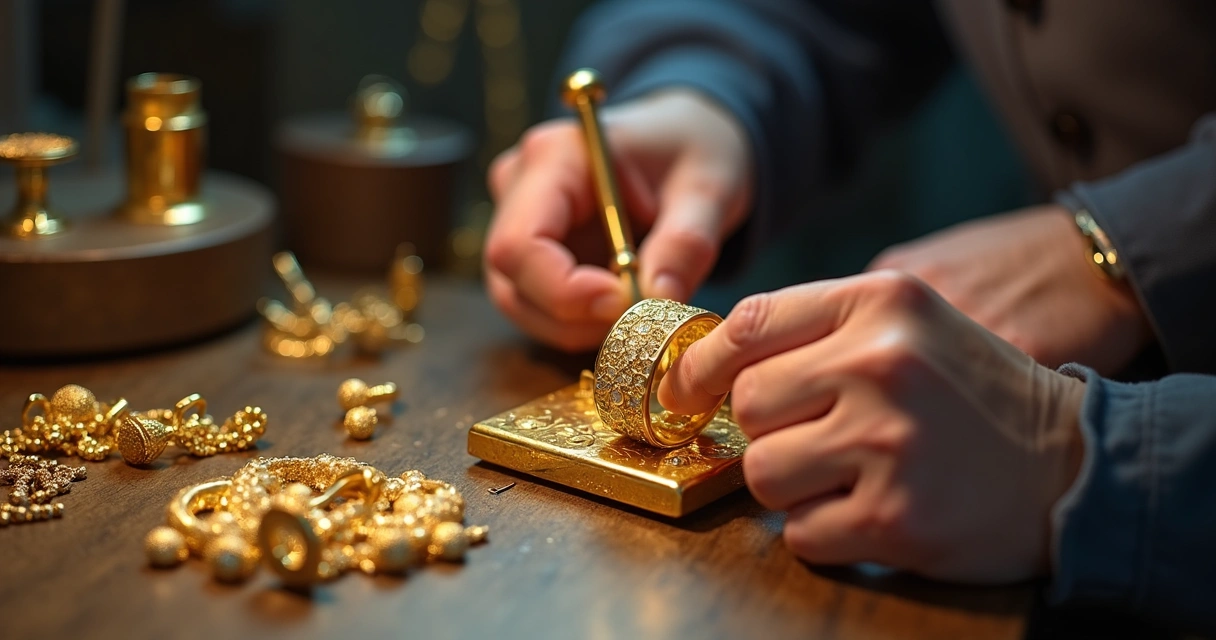 Jóia de ouro sendo inspecionada com lupa profissional 