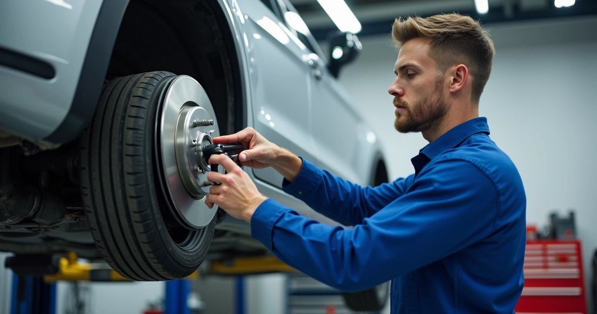 Mecânico examinando as pastilhas de freio em um carro no elevador 