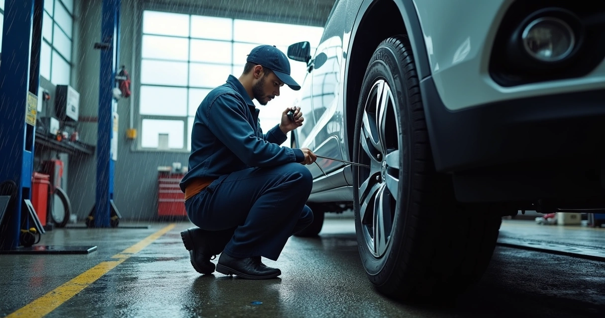 Mecânico inspecionando pneu de carro em oficina moderna