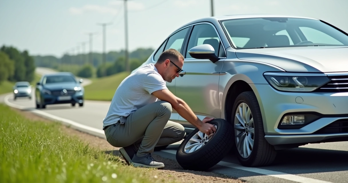Homem trocando pneu de carro ao lado da estrada 