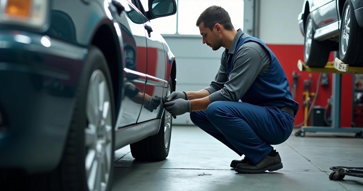 Verificação dos pneus e suspensão do carro com mecânico olhando debaixo do veículo 
