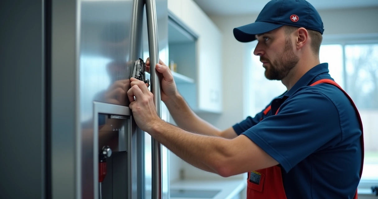 Técnico ajustando e verificando alinhamento da porta do refrigerador 