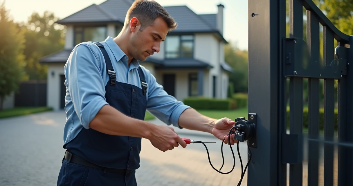 Técnico realizando inspeção visual em portão eletrônico com ferramentas à mão 