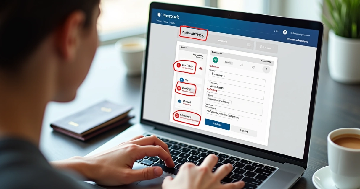 Pessoa analisando página de compras de passagens aéreas em um notebook, com detalhes em vermelho destacando pontos de atenção