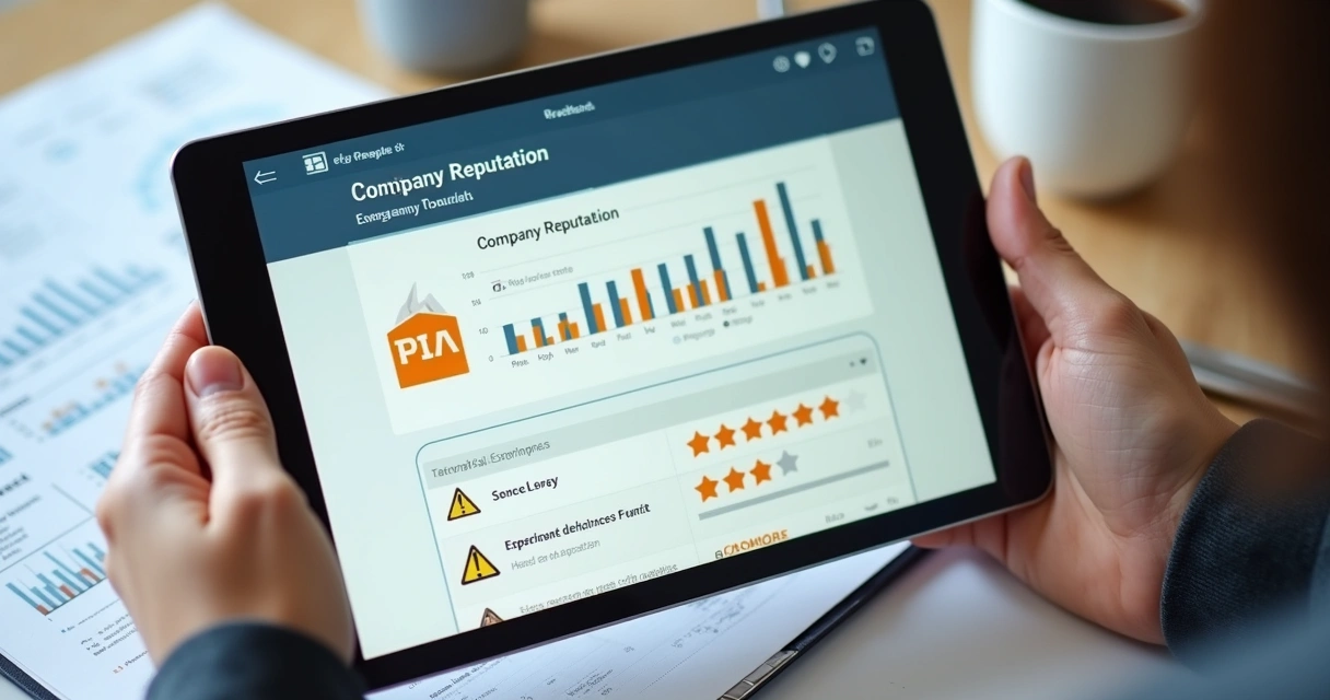 Pessoa analisando reputação de uma empresa em tablet com gráficos e estrelas 