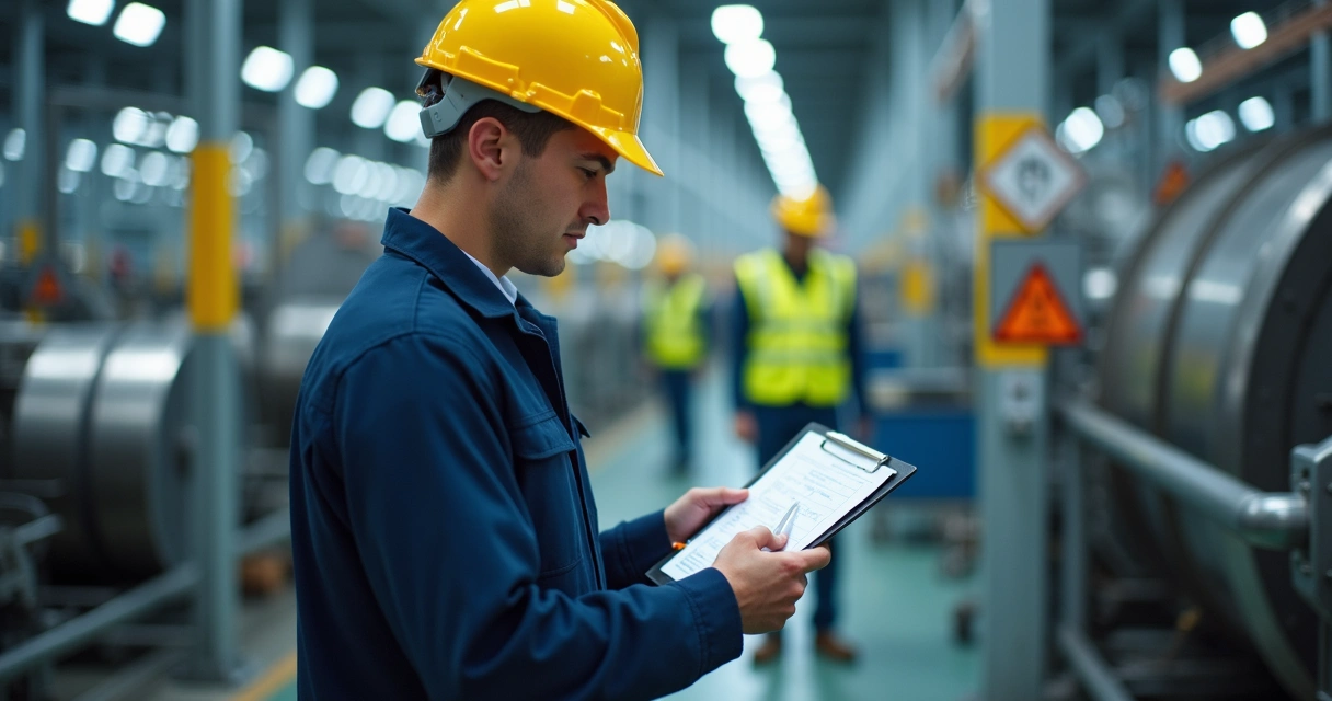 Técnico realizando verificação de riscos em ambiente industrial 