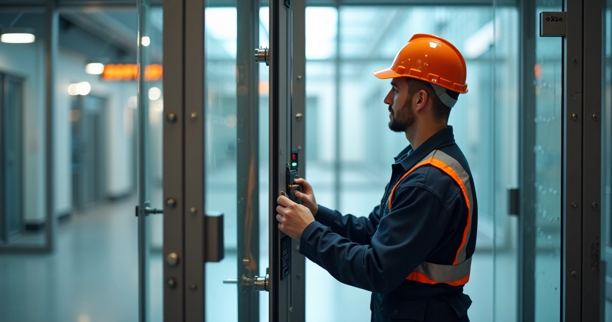 Técnico faz inspeção em porta de vidro automática 