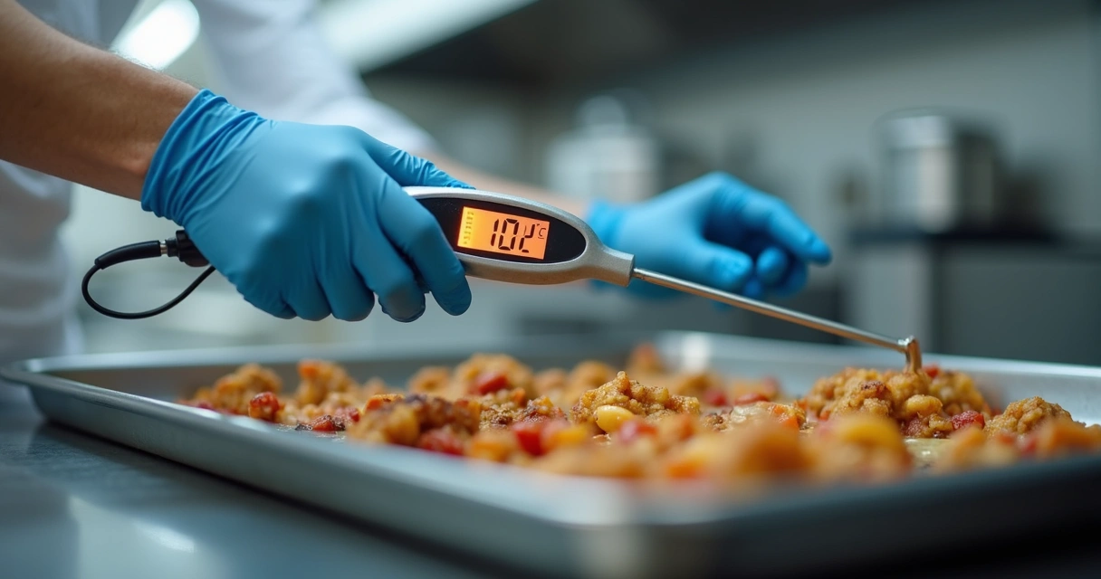 Funcionário medindo a temperatura de alimento industrializado com termômetro digital, usando luvas, em ambiente de cozinha 