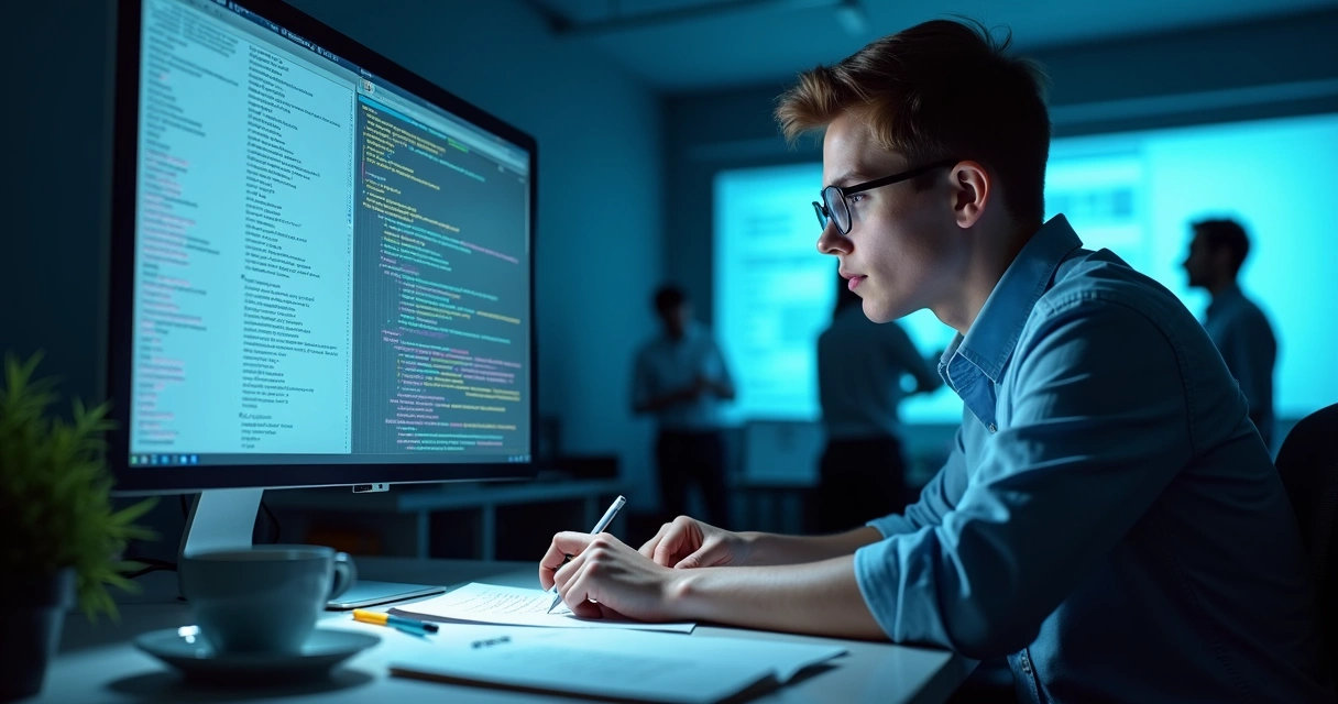 Analista verificando documento em computador com códigos e gráficos