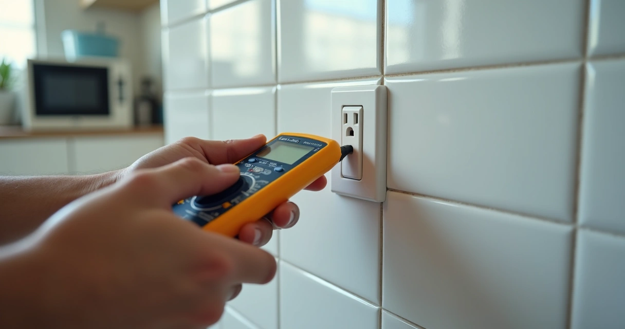 Técnico usando multímetro para testar voltagem em tomada residencial 