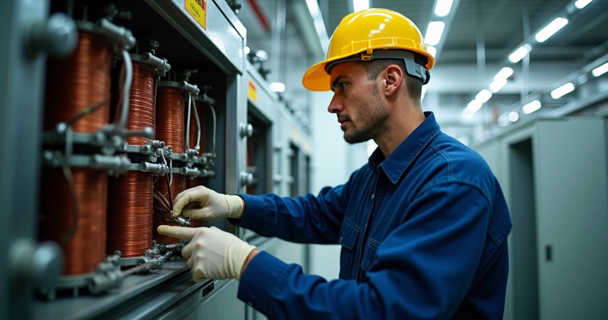 Técnico inspecionando conexões internas de um transformador a seco 
