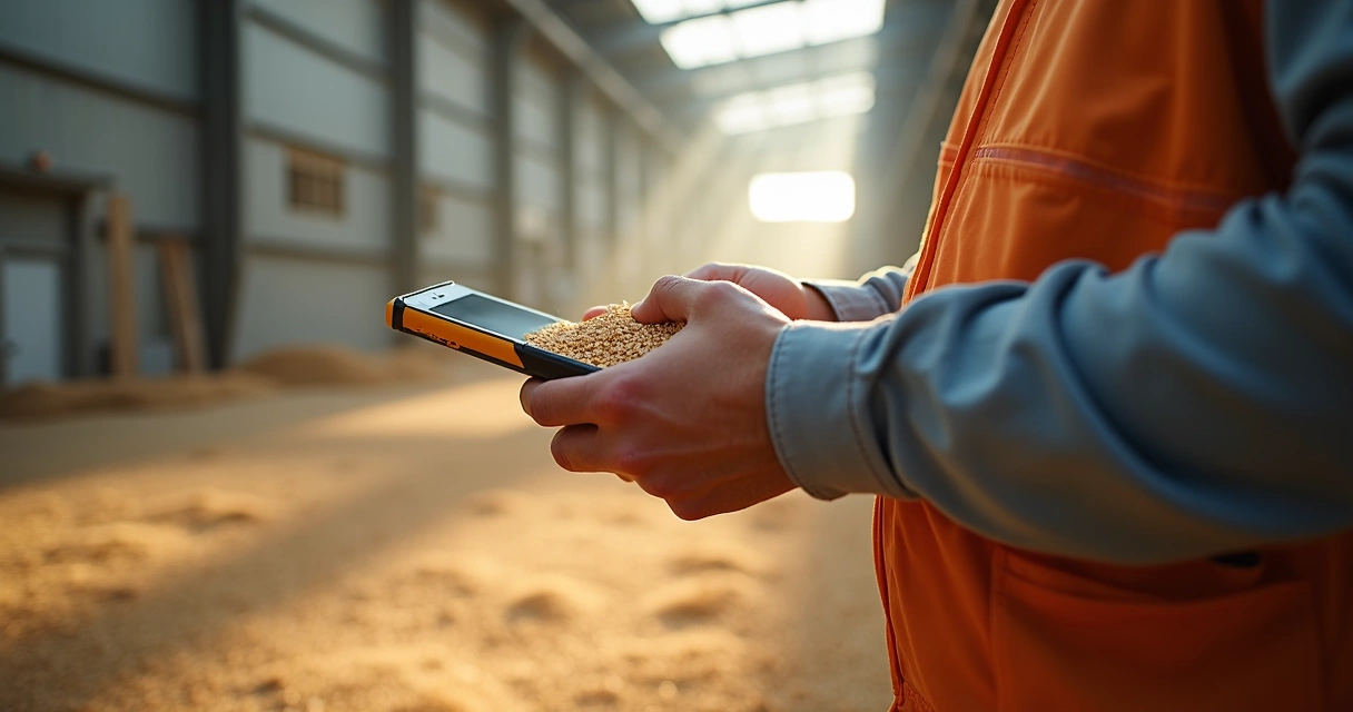 Funcionário analisa grãos para verificar umidade 