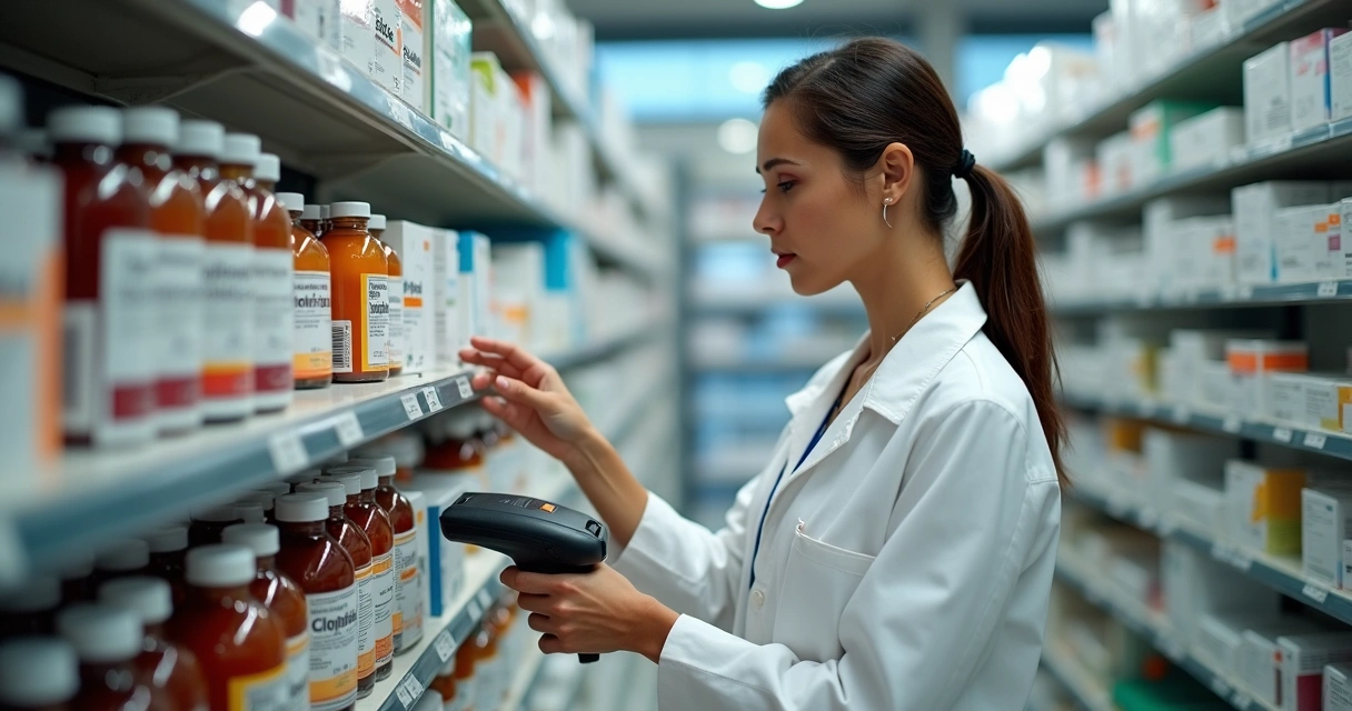Farmacêutico confere frascos de xarope na prateleira da farmácia 