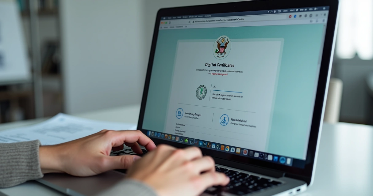 Persona verificando certificado digital en computadora 