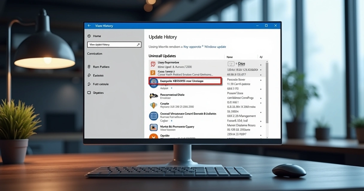 Tela de histórico de atualizações do Windows mostrando a atualização KB5005565 e outras opções de gerenciamento 