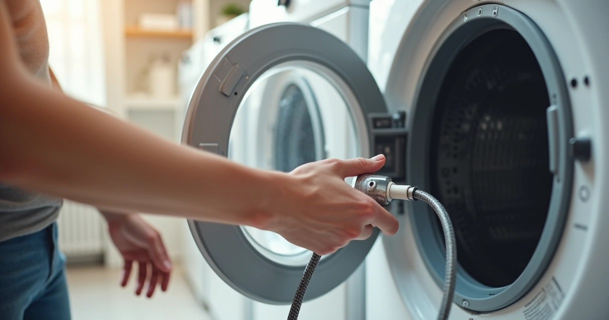 Pessoa examinando o cabo de alimentação de uma lava e seca desconectada 