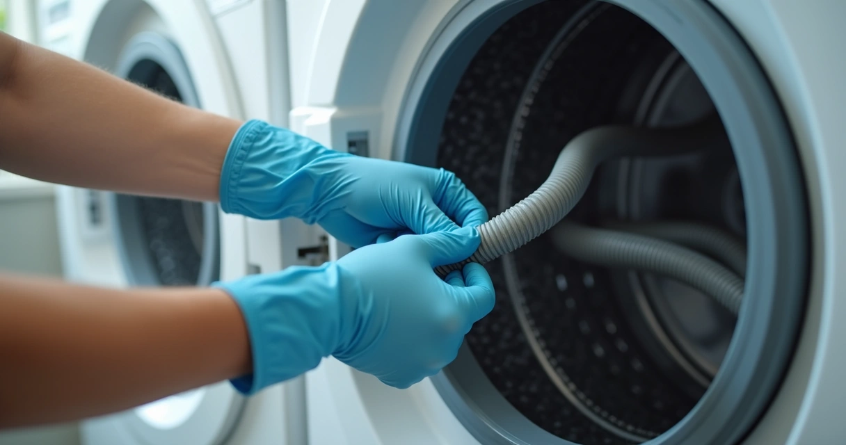 Pessoa inspecionando mangueiras de máquina de lavar roupa 