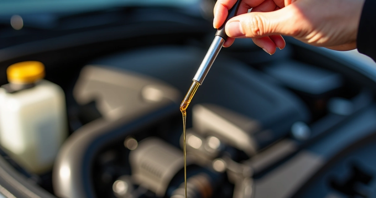 Motorista examinando vareta de óleo de motor com atenção