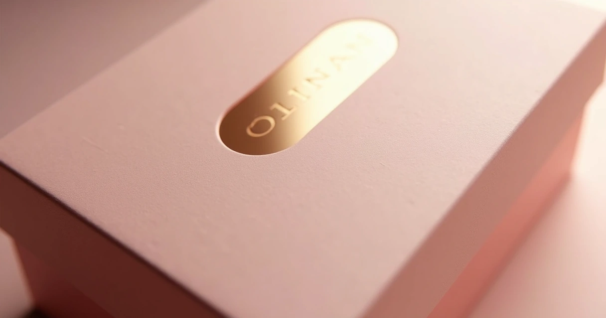 Detalhe de verniz localizado em embalagem, destacando o logotipo com brilho em uma superfície fosca