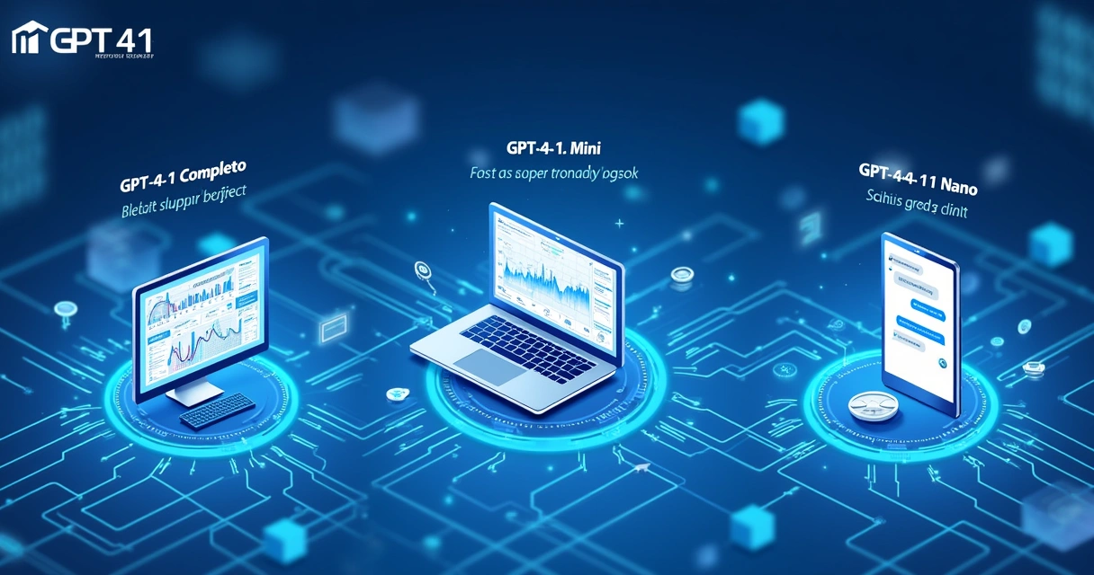 Ilustração das três versões do GPT-4.1: Completo, Mini e Nano, em um fundo digital futurista.