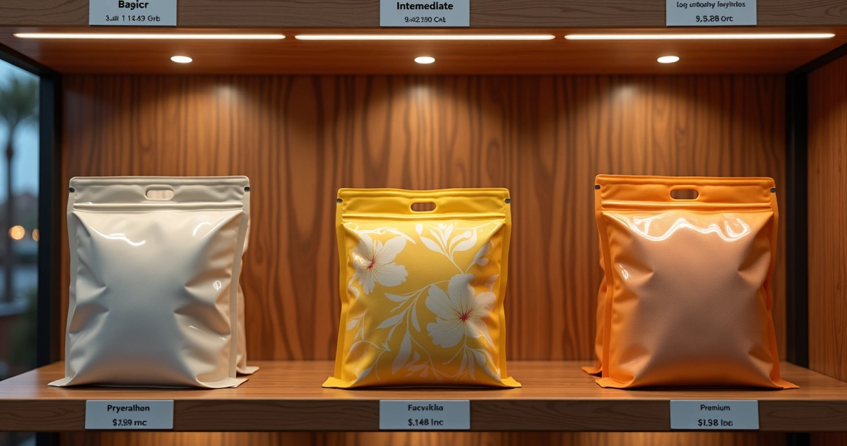 Produtos em versões básica, intermediária e premium lado a lado em prateleira 