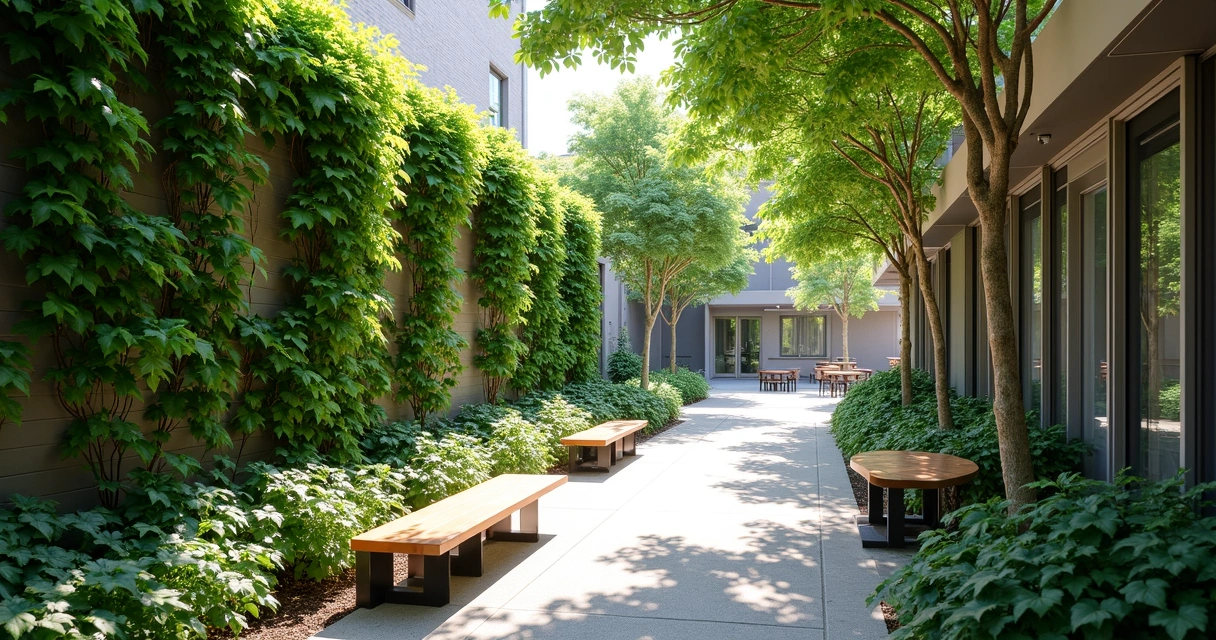 Vertical garden on wall near outdoor seating area 