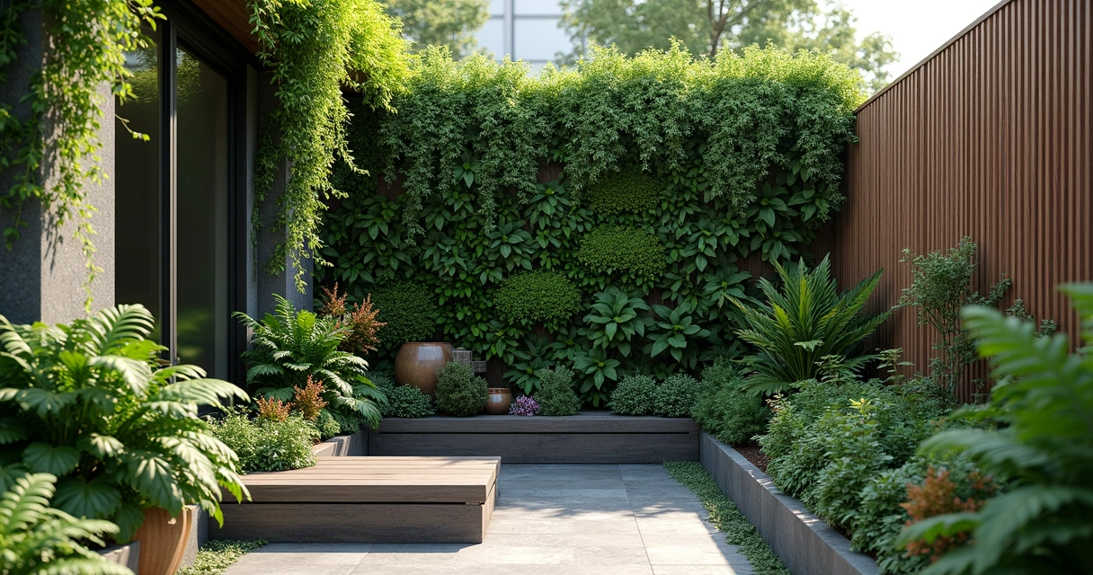 Tall living vertical garden wall with mixed plants in small backyard 