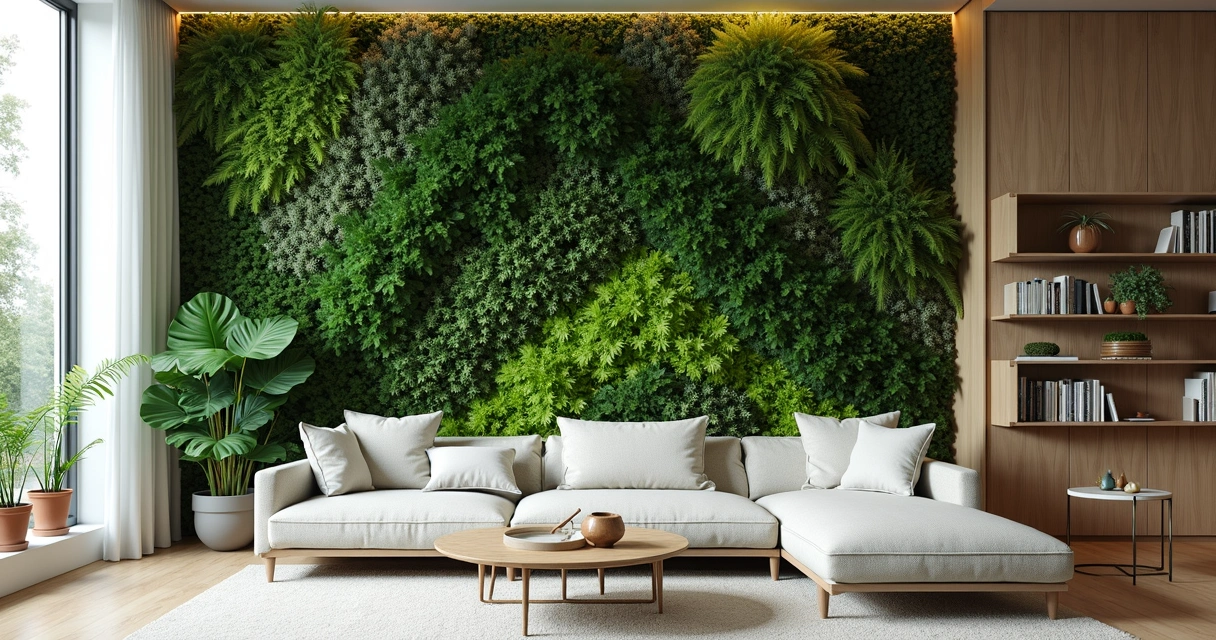Patterned green wall in a contemporary living room 