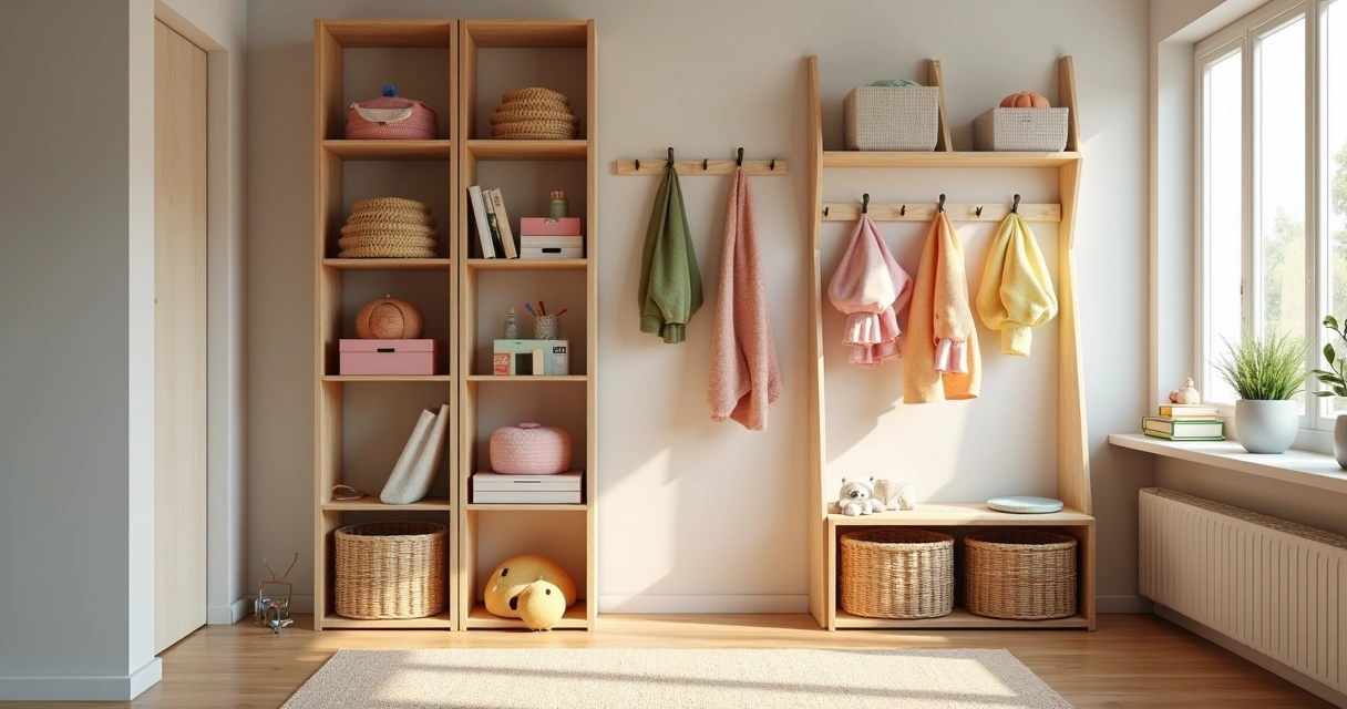Vertical shelves with toys and baskets neatly organized 