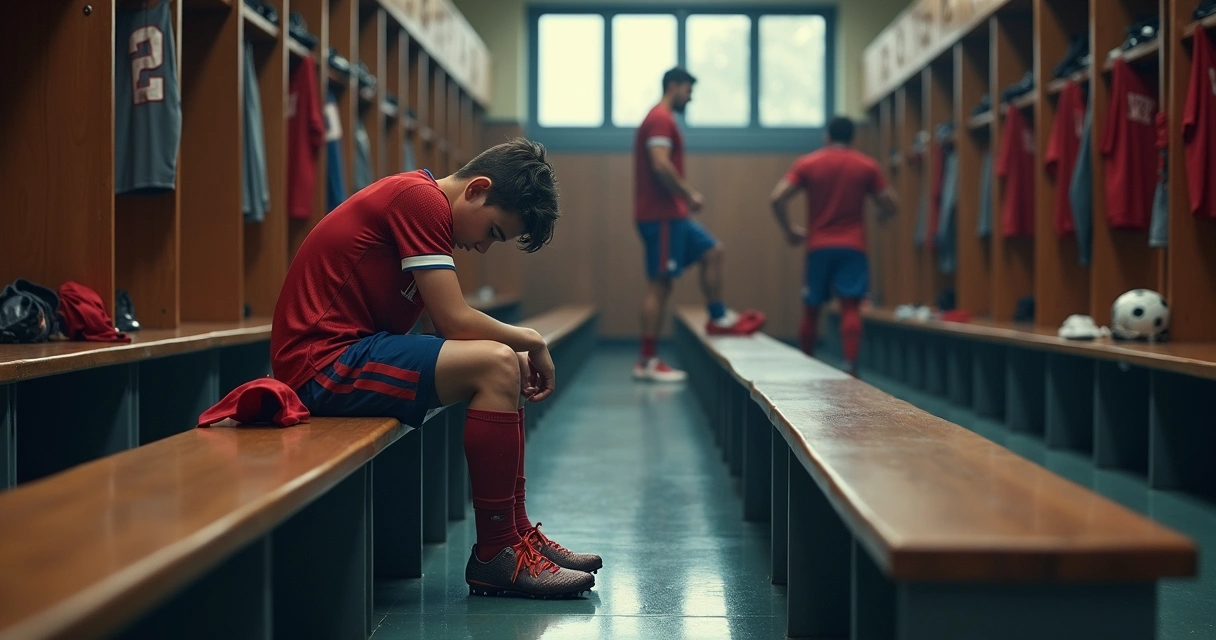Jovem jogador de futebol sentado em vestiário, olhando pensativo para chuteiras 