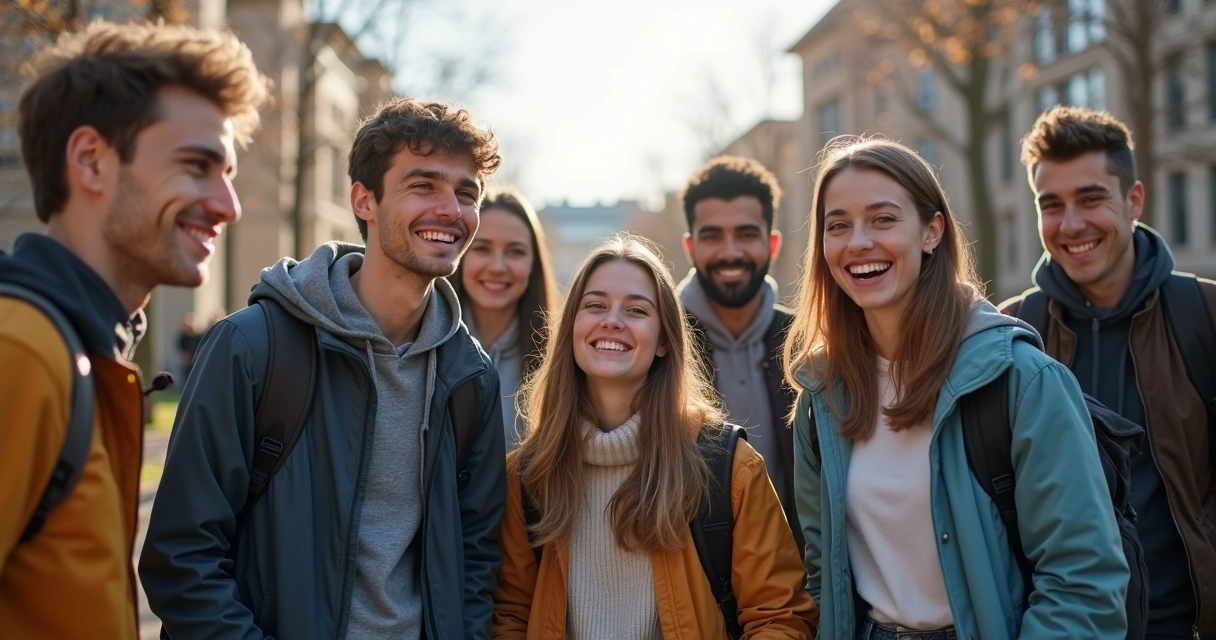 Grupo de estudantes animados com mochilas na porta de uma universidade