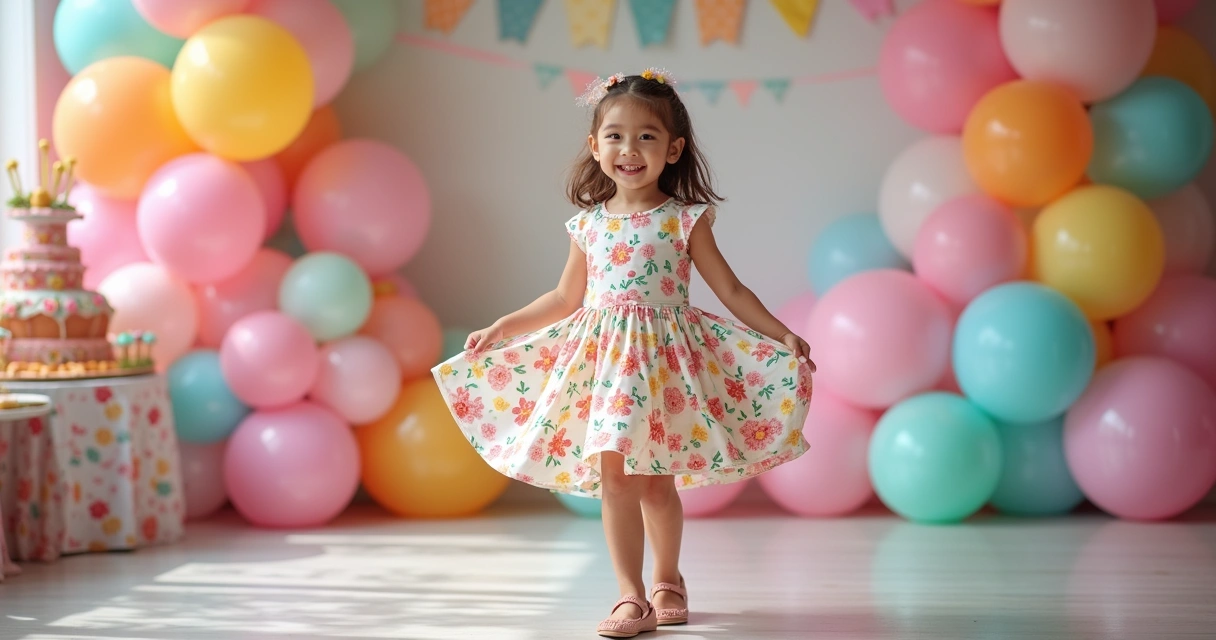 Menina com vestido colorido e estampa floral em festa infantil 