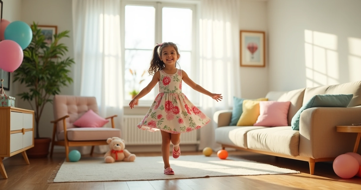 Menina sorrindo usando vestido colorido em ambiente iluminado 