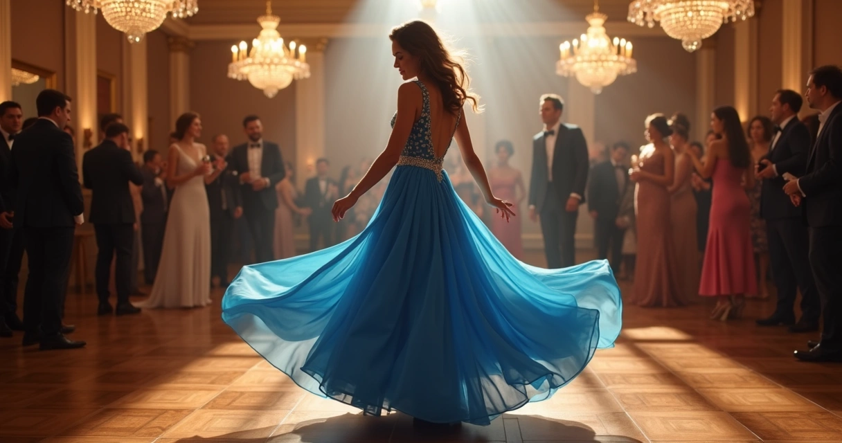 Vestido evasê azul fluido em ambiente de festa