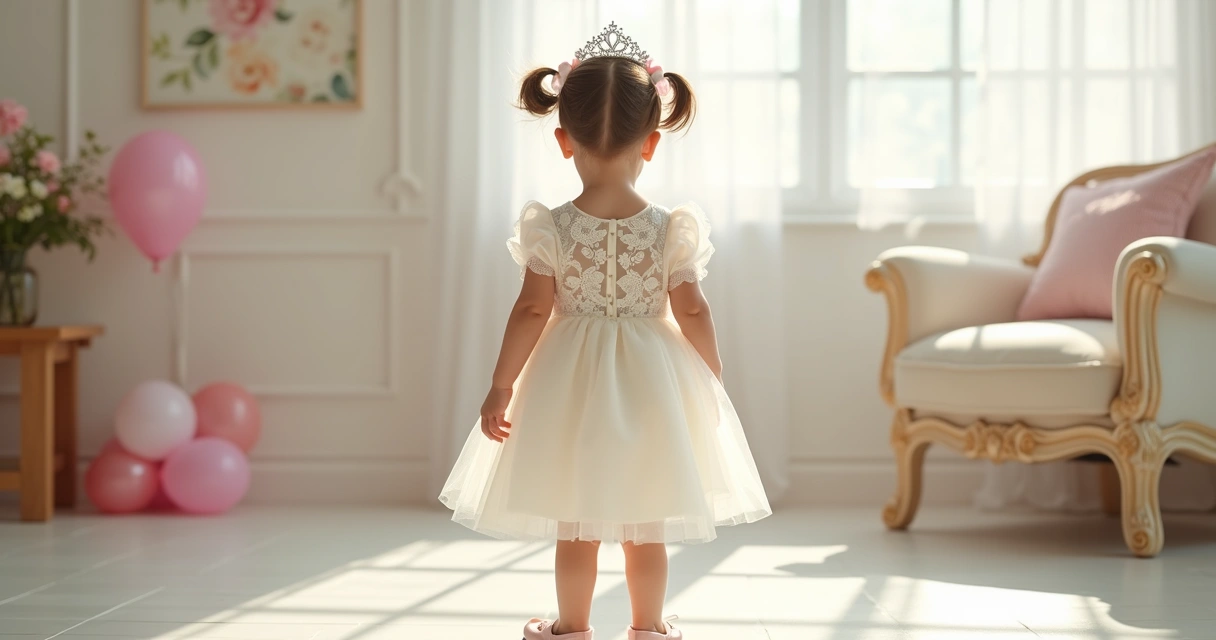 Menina vestida com vestido branco delicado para festa infantil em ambiente claro e elegante 