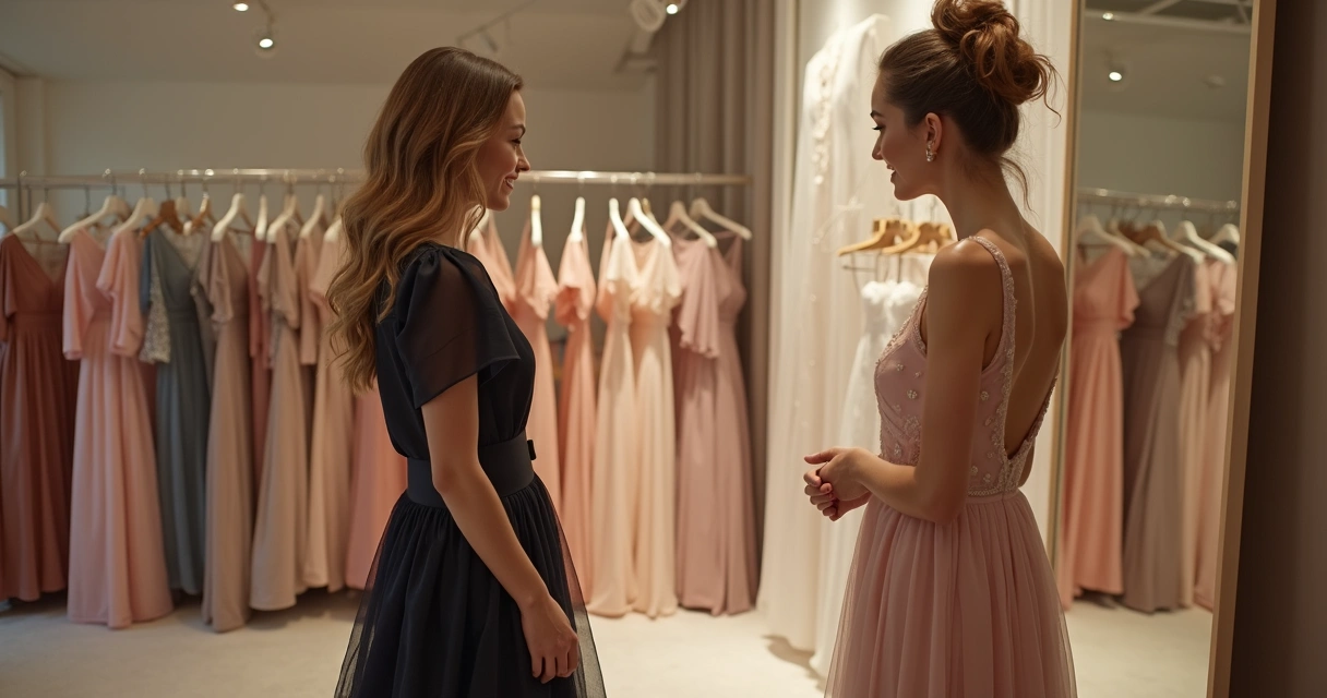 Jovem provando vestido de formatura com consultora de moda.