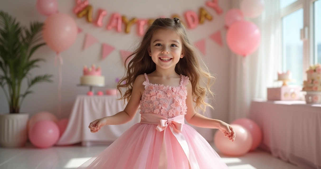 Menina vestindo vestido de festa rosa claro com babados