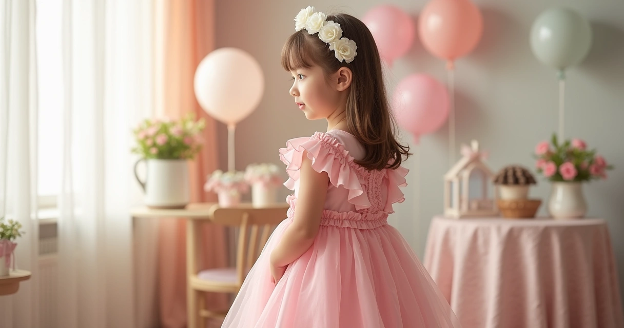 Menina vestindo vestido rosa para festa infantil com tiara branca em ambiente decorado cheio de balões coloridos 
