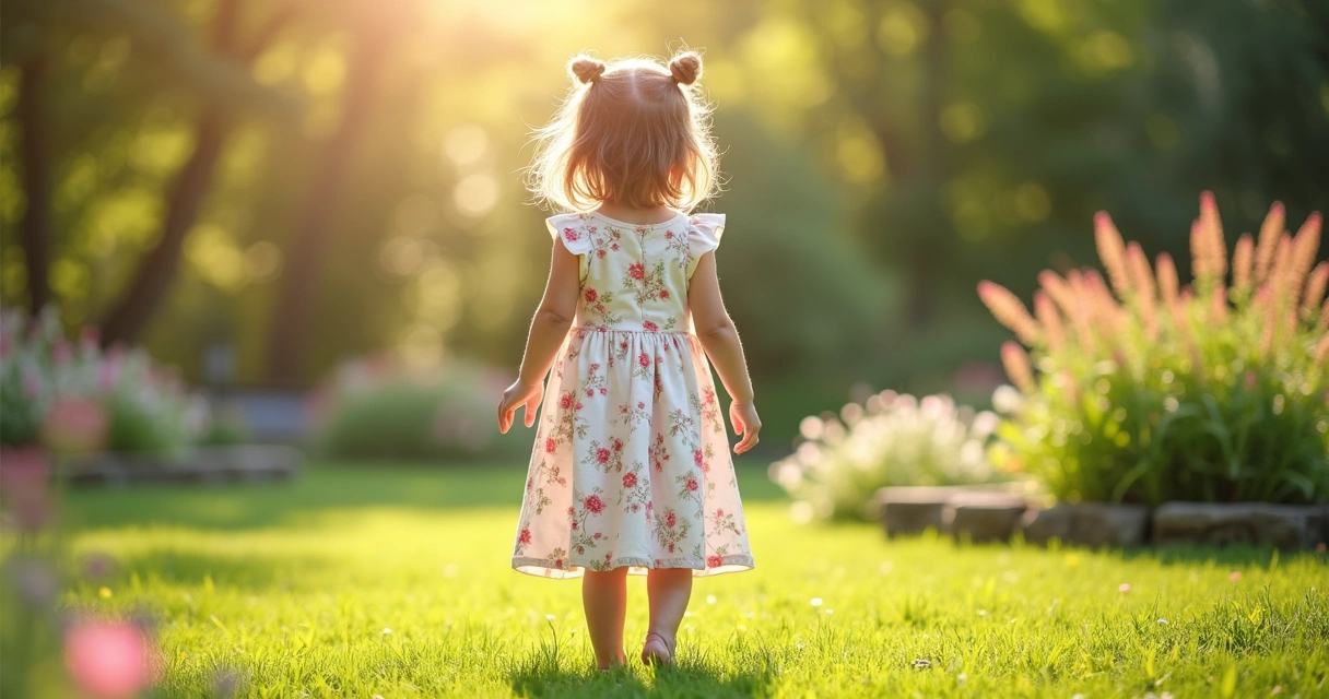 Menina usando vestido infantil midi rodado em algodão em jardim ao ar livre 