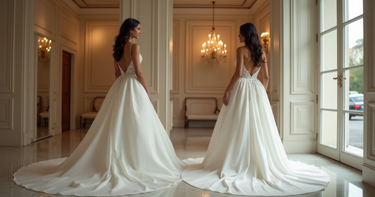 Noiva mostra vestido de casamento com saia removÃvel em um ateliê